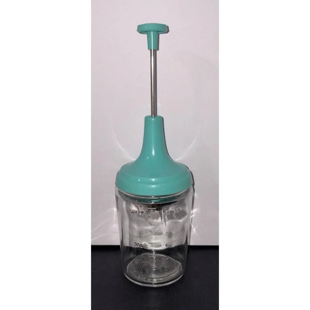 Vintage 1970's ACME Made in the USA Turquoise Glass Manual Food Nut Chopper